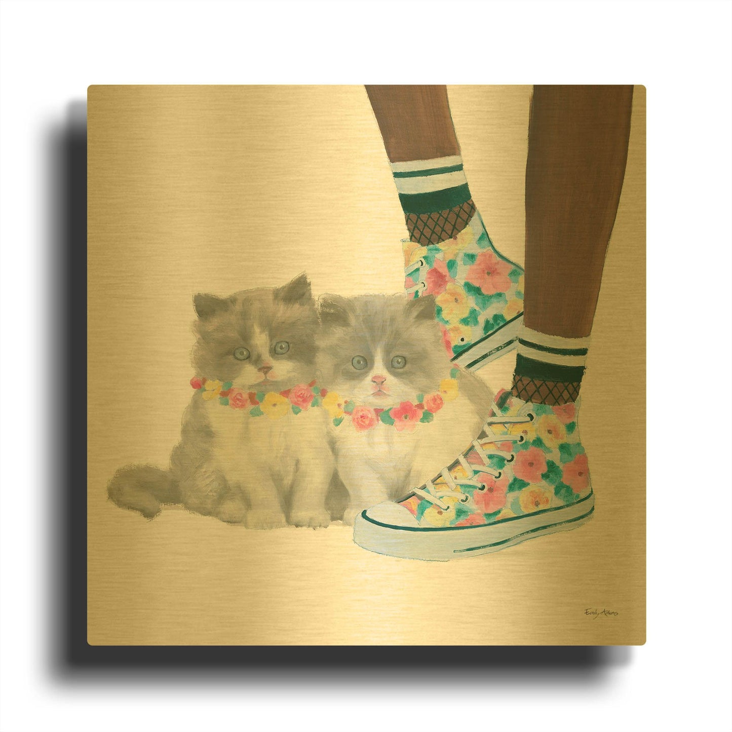 'Cutie Kitties VII' By Emily Adams Gold Metal Wall Art