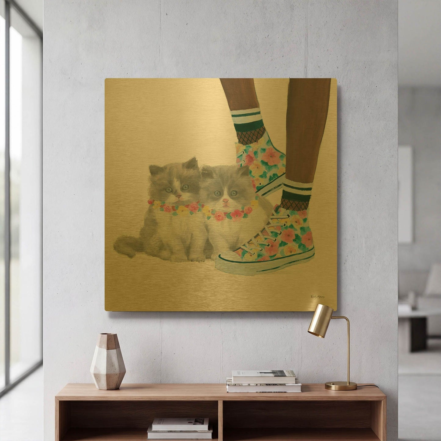'Cutie Kitties VII' By Emily Adams Gold Metal Wall Art