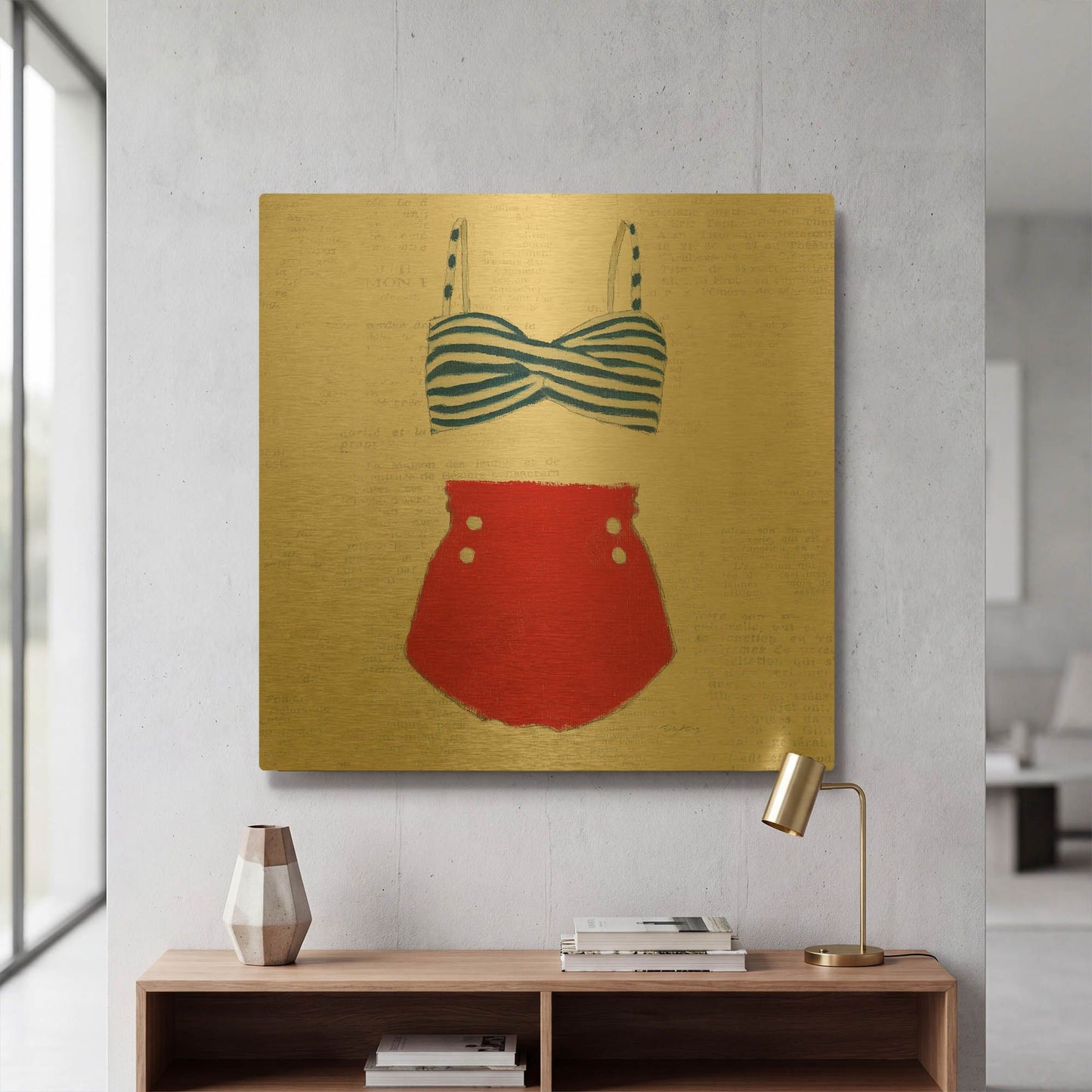 'Retro Swimwear 4 Newsprint' By Emily Adams Gold Metal Wall Art