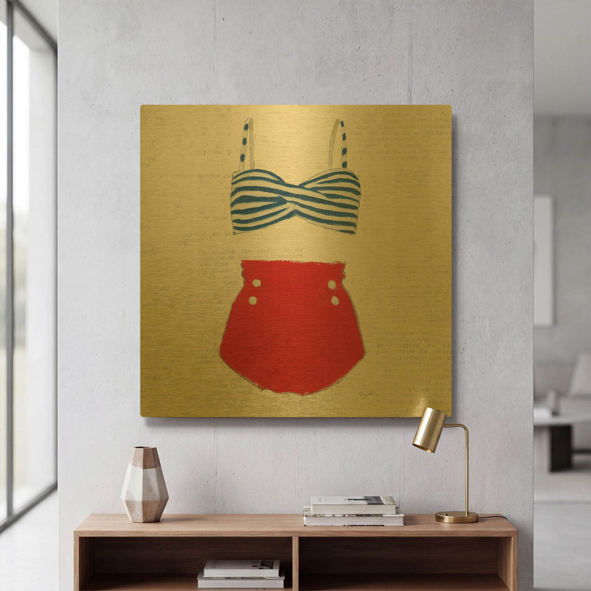 'Retro Swimwear 4 Newsprint' By Emily Adams Gold Metal Wall Art