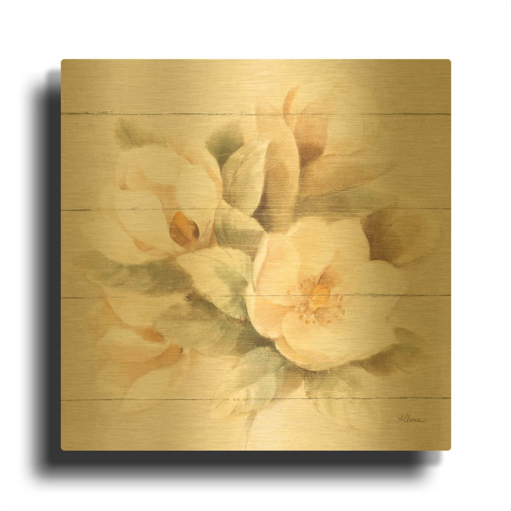 'Ivory Magnolia On Wood' By Albena Hristova Gold Metal Wall Art