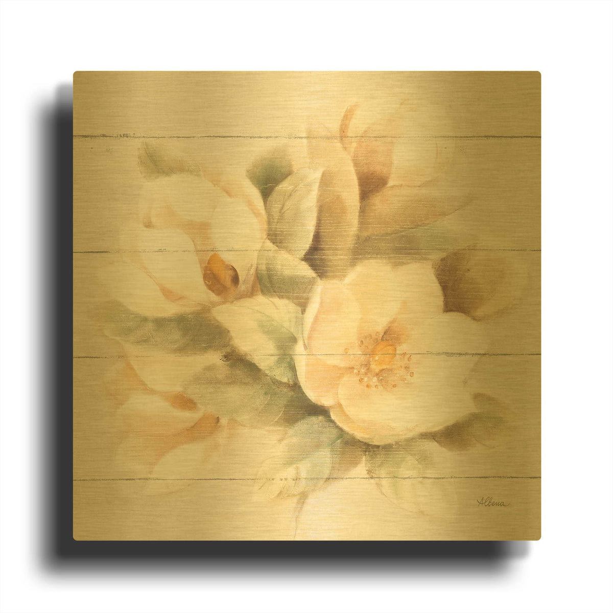 'Ivory Magnolia On Wood' By Albena Hristova Gold Metal Wall Art