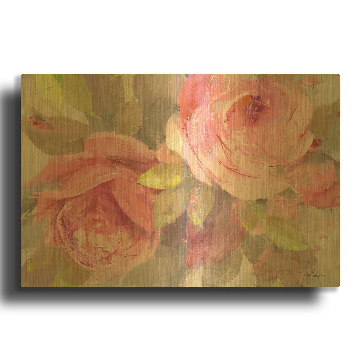 'June Roses 2' By Albena Hristova Gold Metal Wall Art