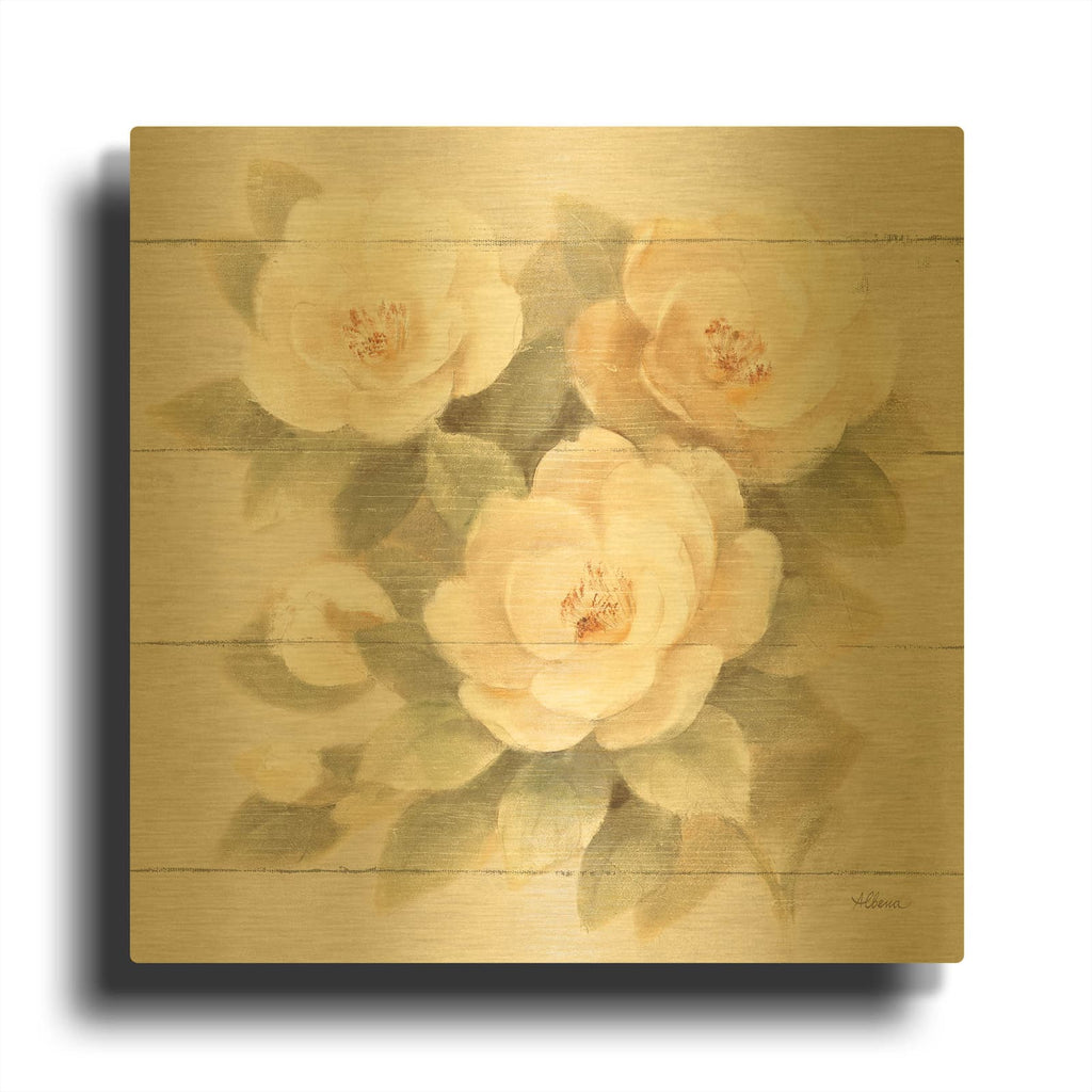 'Ivory Camelia On Wood' By Albena Hristova Gold Metal Wall Art
