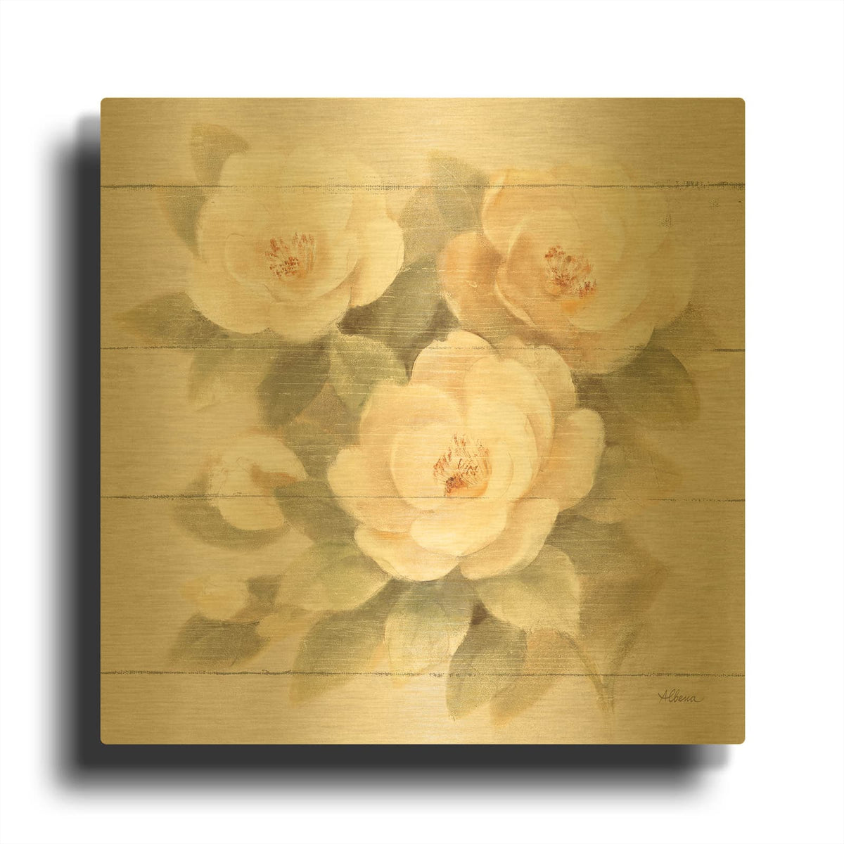 'Ivory Camelia On Wood' By Albena Hristova Gold Metal Wall Art