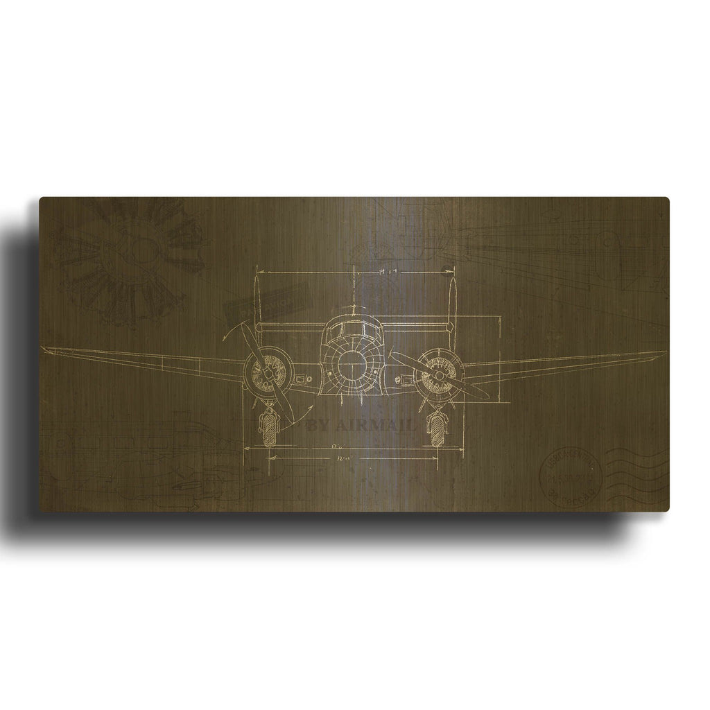 'Plane Blueprint 4 Wings' By Marco Fabiano Gold Metal Wall Art