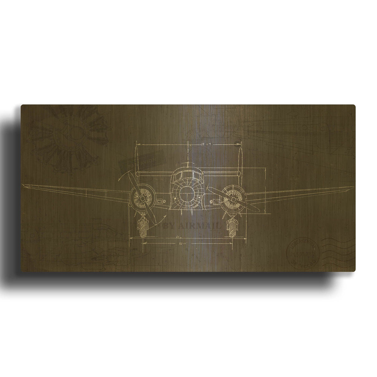 'Plane Blueprint 4 Wings' By Marco Fabiano Gold Metal Wall Art