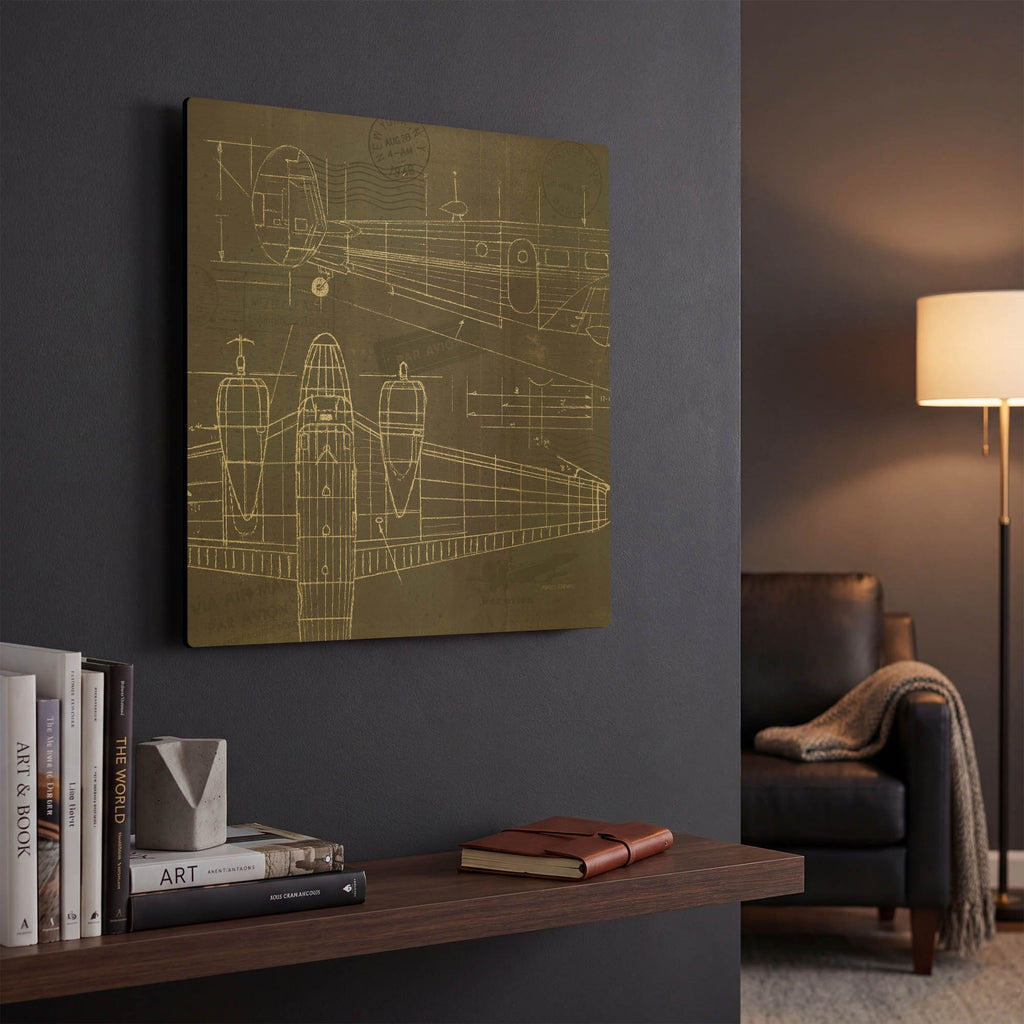 'Plane Blueprint 2' By Marco Fabiano Gold Metal Wall Art