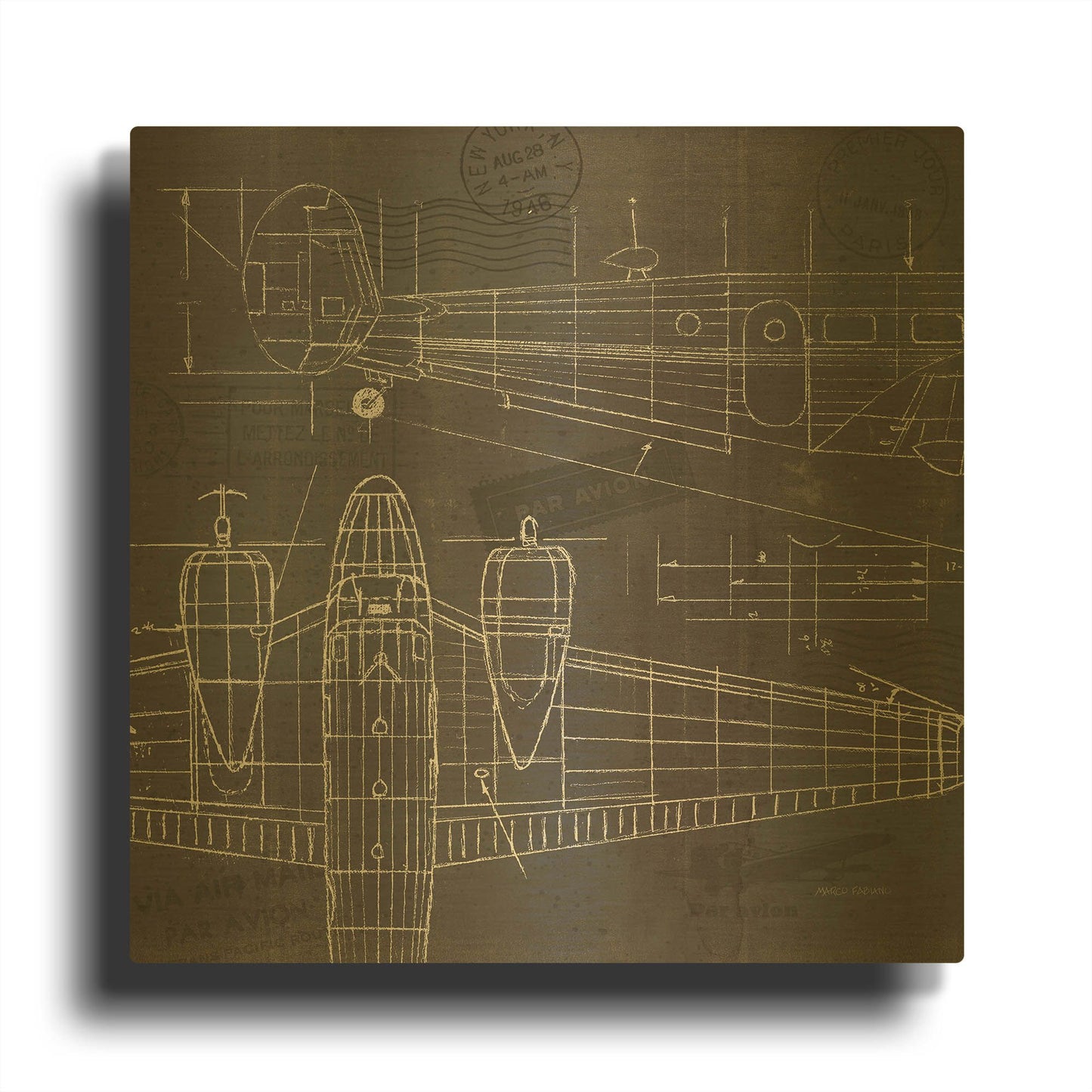 'Plane Blueprint 2' By Marco Fabiano Gold Metal Wall Art
