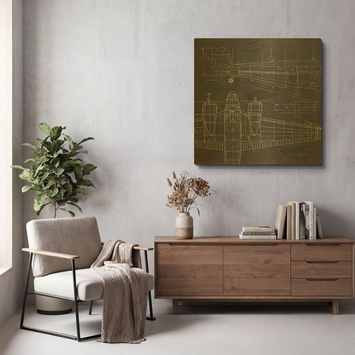 'Plane Blueprint 2' By Marco Fabiano Gold Metal Wall Art