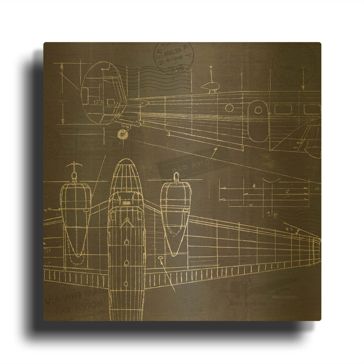 'Plane Blueprint 2' By Marco Fabiano Gold Metal Wall Art
