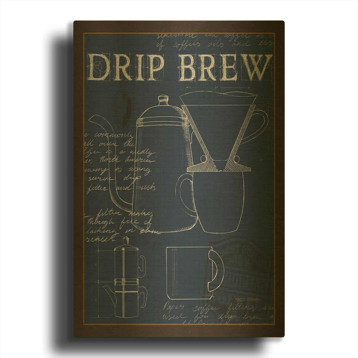 'Coffee Blueprint 3 Indigo' By Marco Fabiano Gold Metal Wall Art