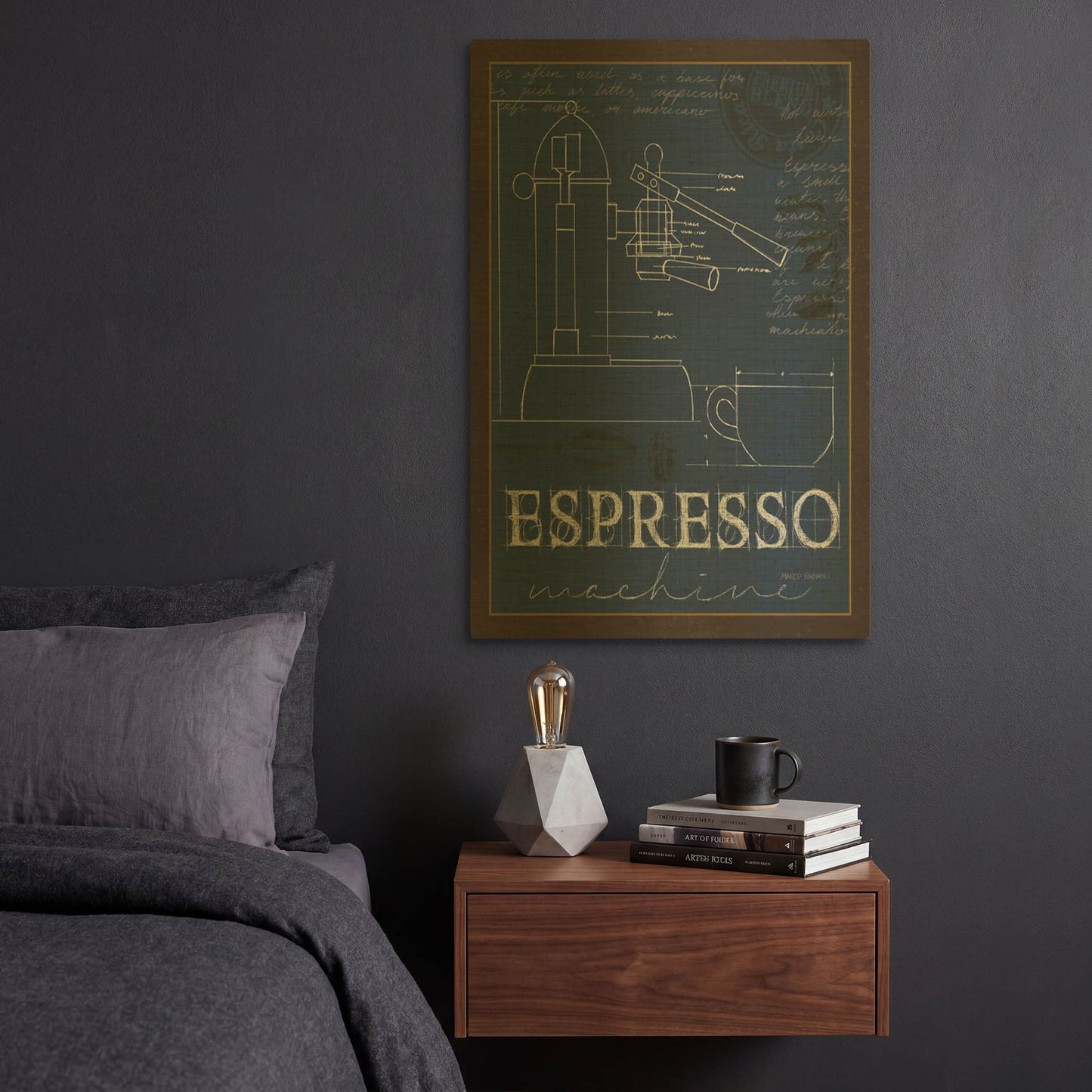'Coffee Blueprint 4 Indigo' By Marco Fabiano Gold Metal Wall Art