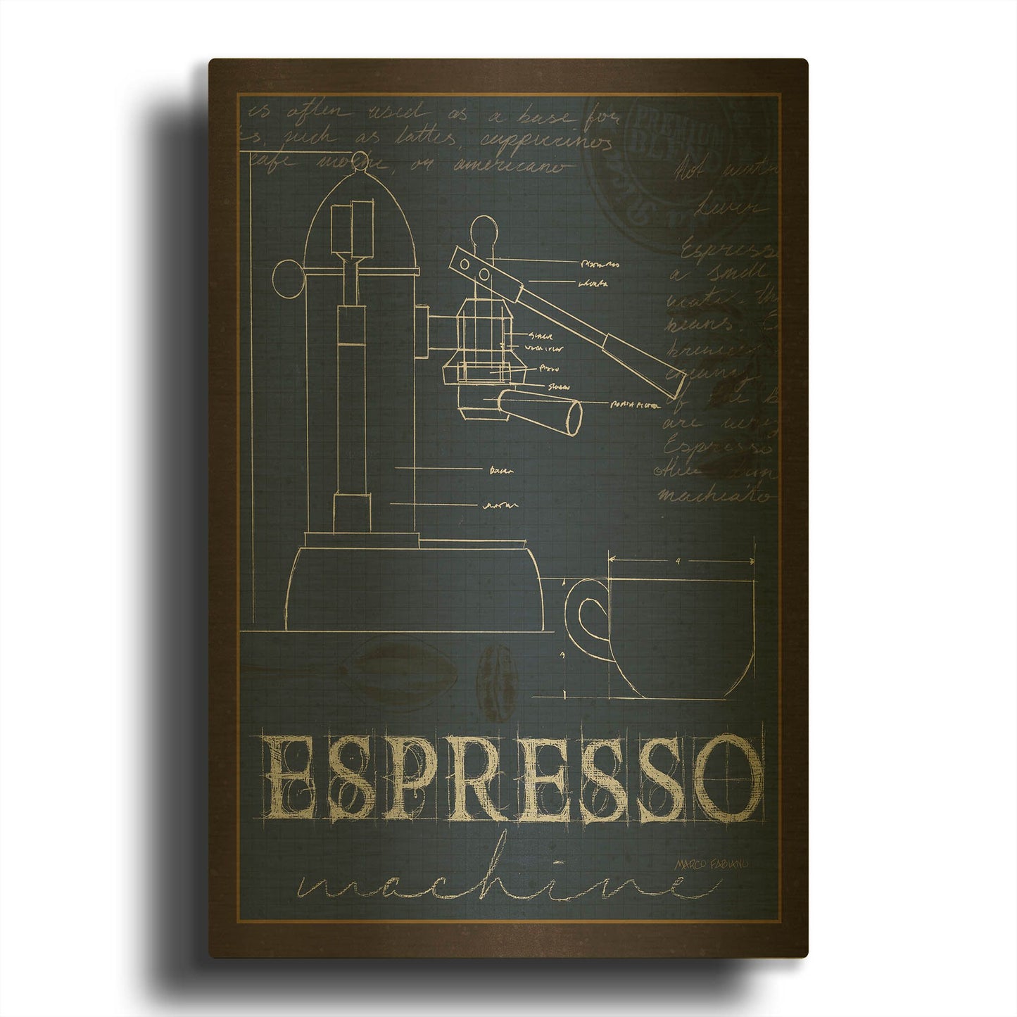 'Coffee Blueprint 4 Indigo' By Marco Fabiano Gold Metal Wall Art