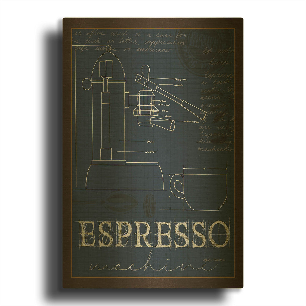 'Coffee Blueprint 4 Indigo' By Marco Fabiano Gold Metal Wall Art