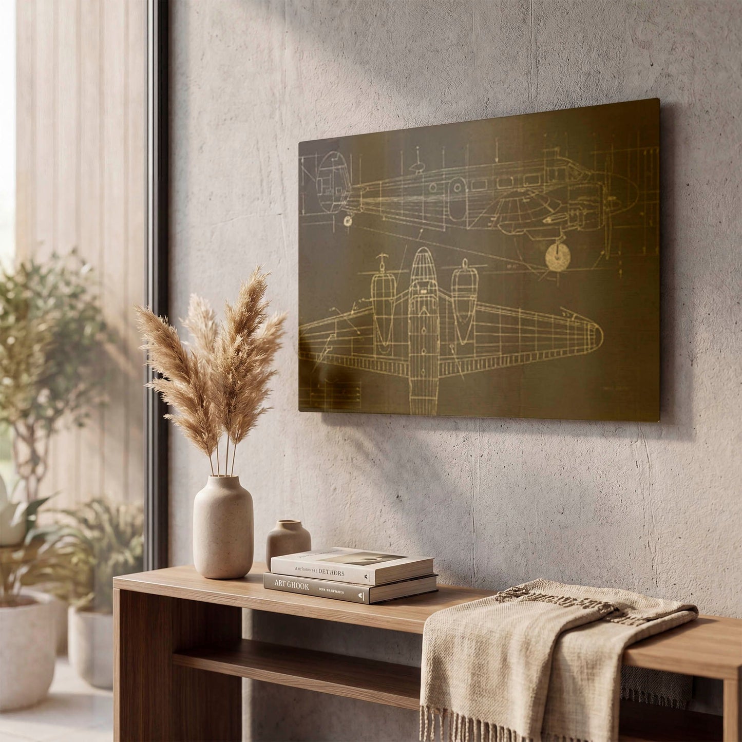 'Plane Blueprint 1 No Words Post' By Marco Fabiano Gold Metal Wall Art