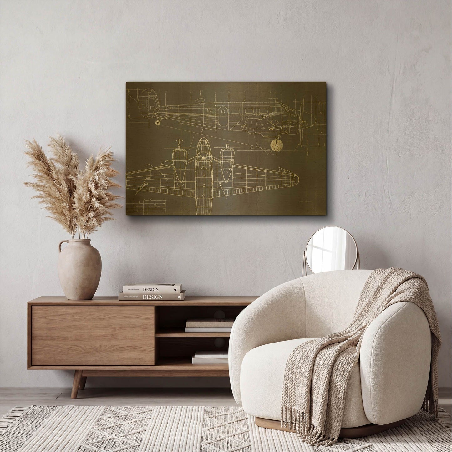 'Plane Blueprint 1 No Words Post' By Marco Fabiano Gold Metal Wall Art
