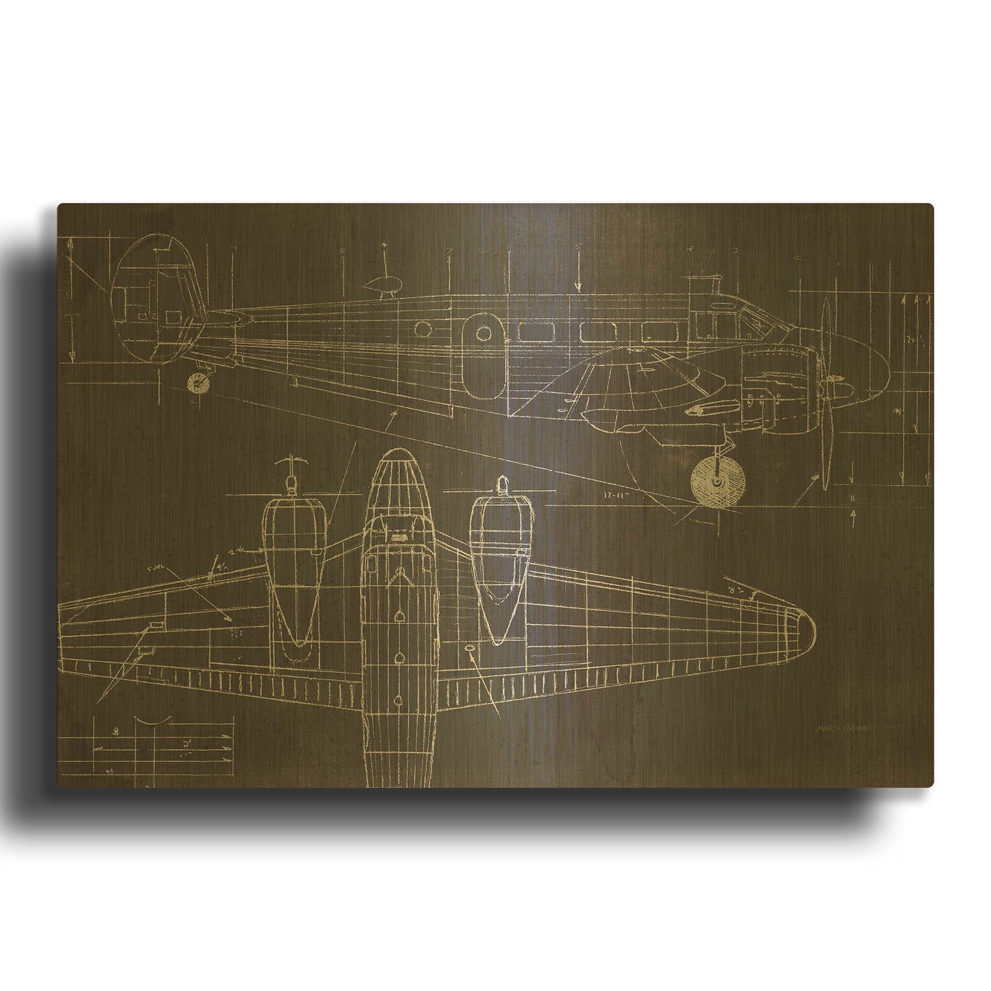 'Plane Blueprint 1 No Words Post' By Marco Fabiano Gold Metal Wall Art