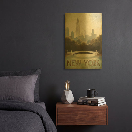 'City Skyline New York Vintage V2' By Marco Fabiano Gold Metal Wall Art