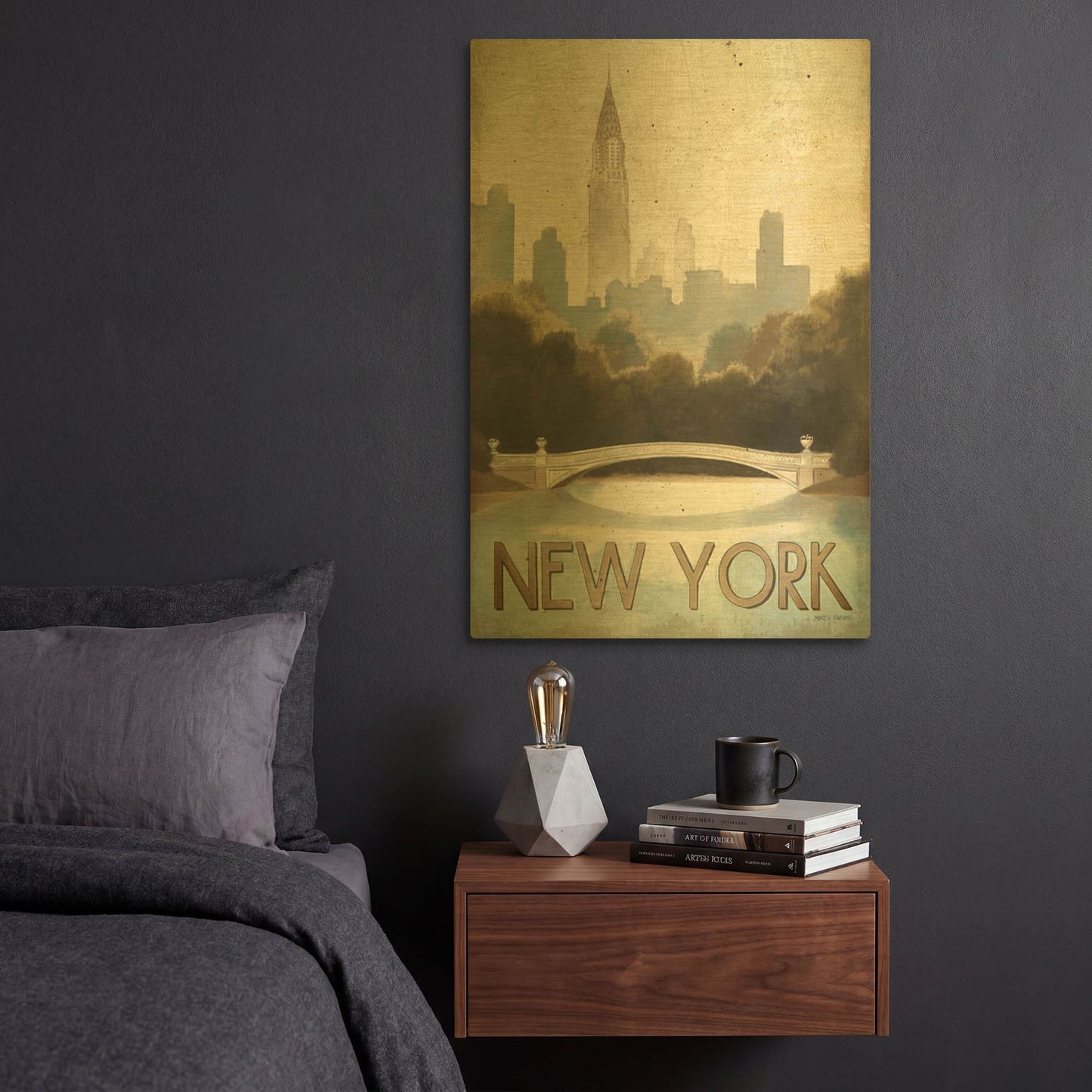 'City Skyline New York Vintage V2' By Marco Fabiano Gold Metal Wall Art