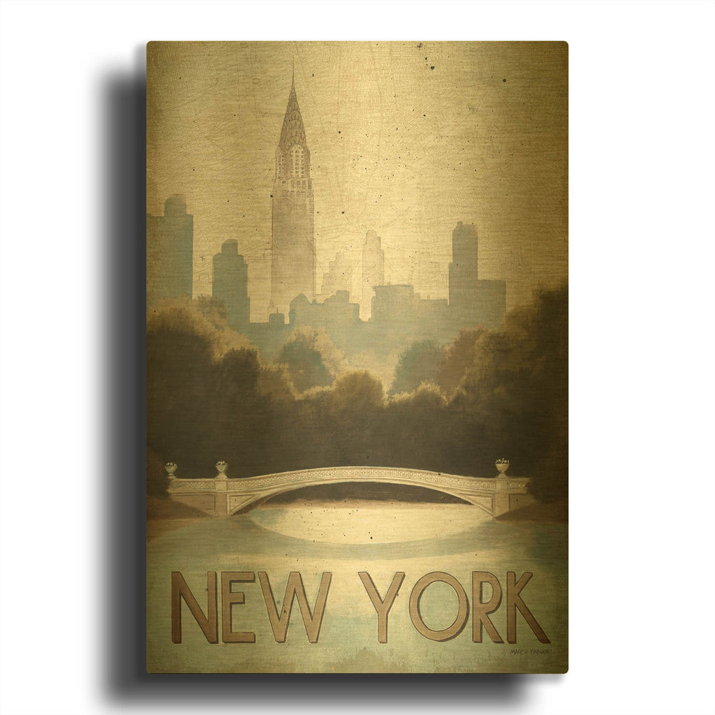 'City Skyline New York Vintage V2' By Marco Fabiano Gold Metal Wall Art