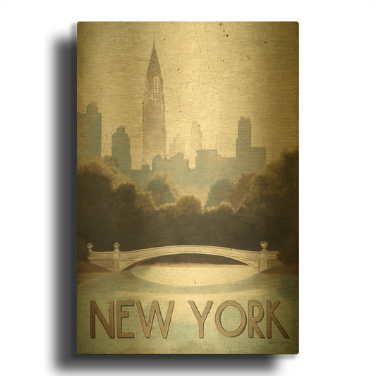 'City Skyline New York Vintage V2' By Marco Fabiano Gold Metal Wall Art