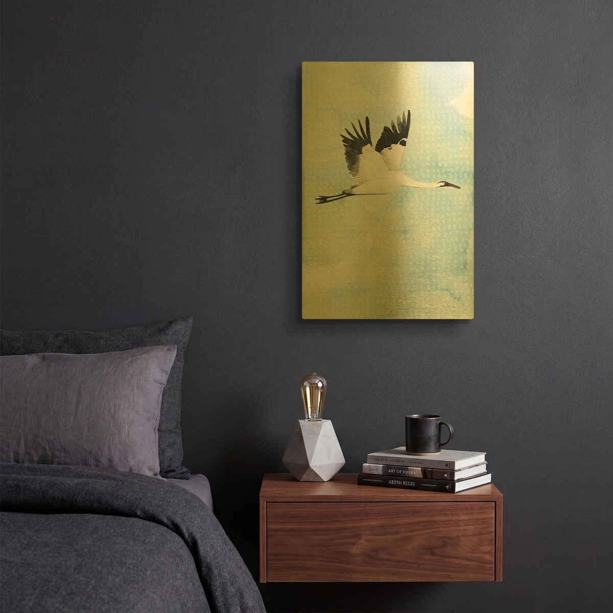 'Crane in Flight 1' By Mercedes Lopez Charro Gold Metal Wall Art