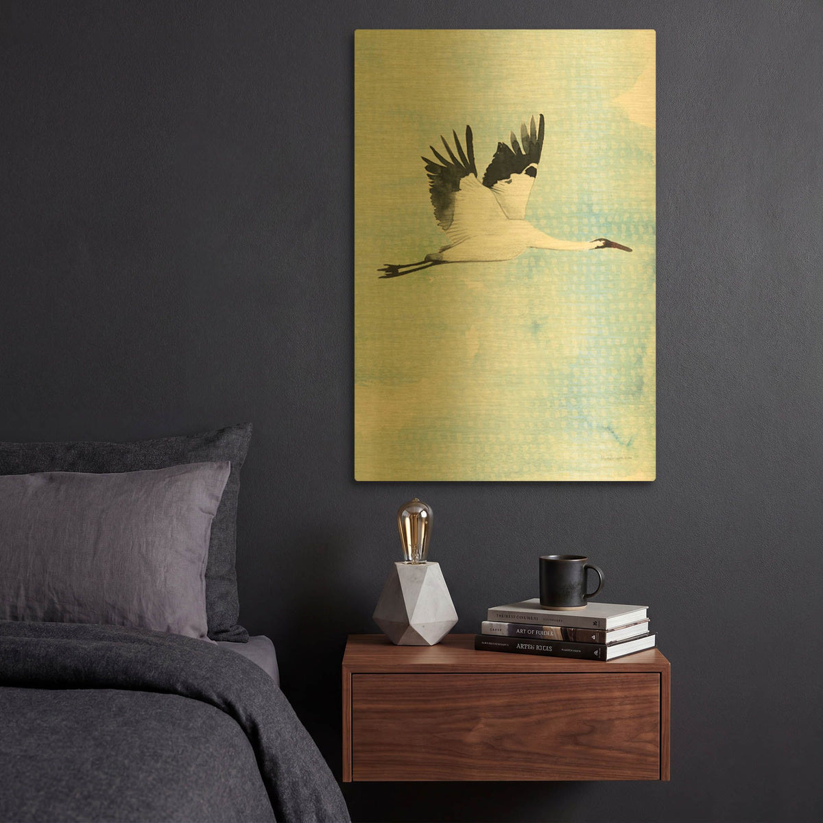'Crane in Flight 1' By Mercedes Lopez Charro Gold Metal Wall Art