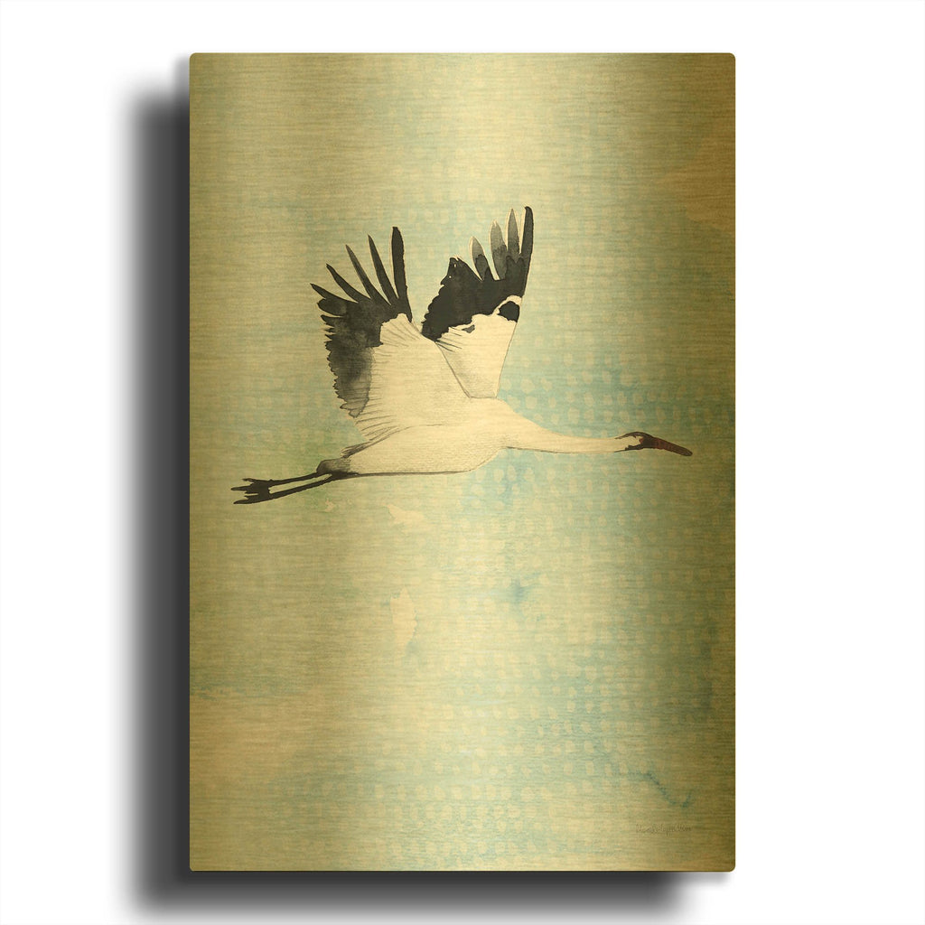 'Crane in Flight 1' By Mercedes Lopez Charro Gold Metal Wall Art