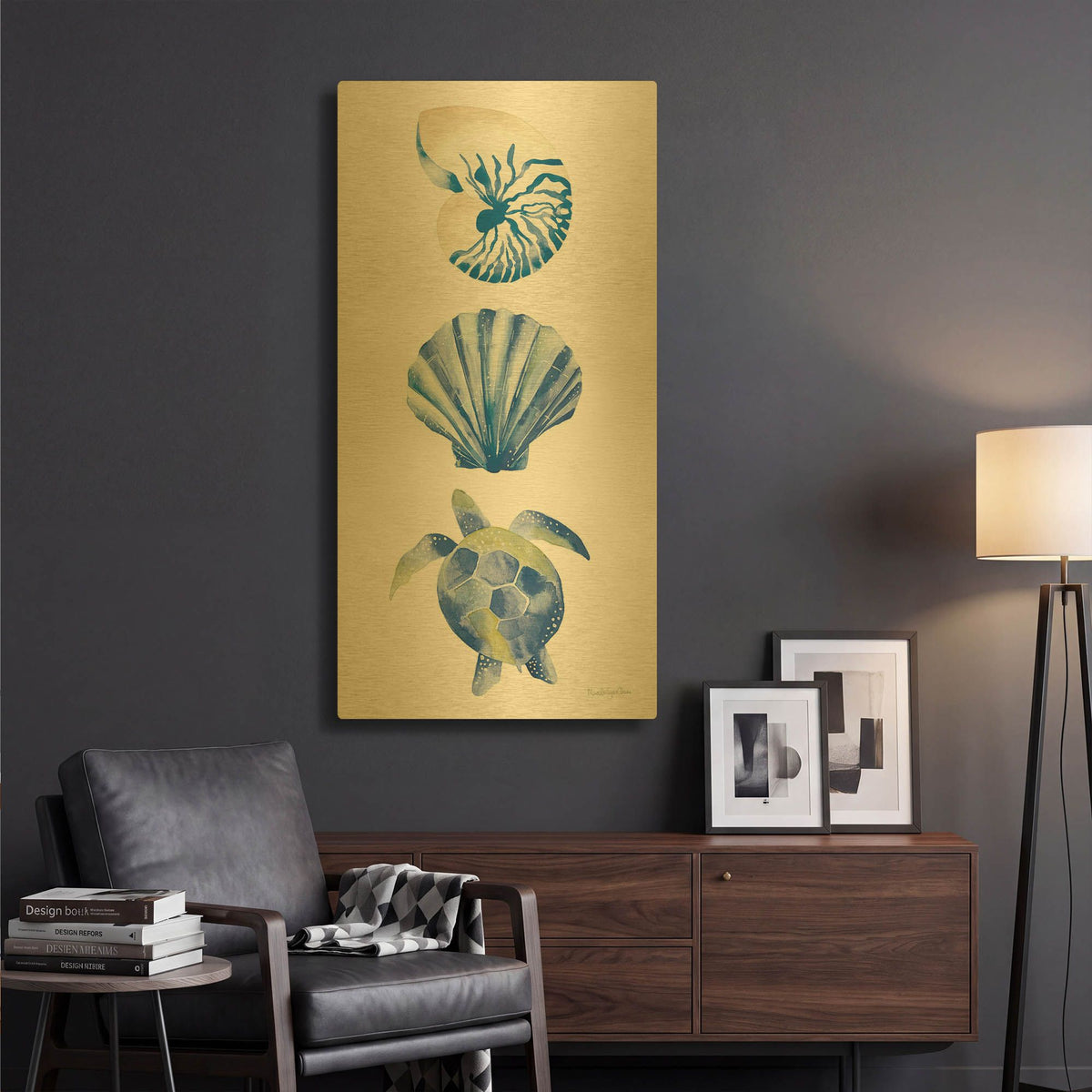 'Salty Waves Shells' By Mercedes Lopez Charro Gold Metal Wall Art