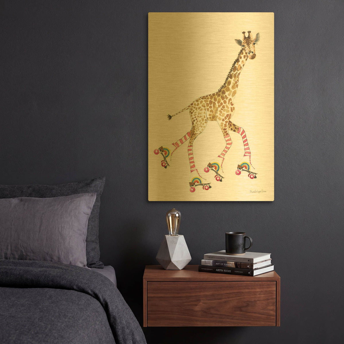 'Giraffe Joy Ride 2 No Balloons' By Mercedes Lopez Charro Gold Metal Wall Art