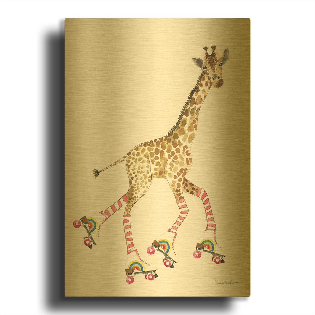 'Giraffe Joy Ride 2 No Balloons' By Mercedes Lopez Charro Gold Metal Wall Art