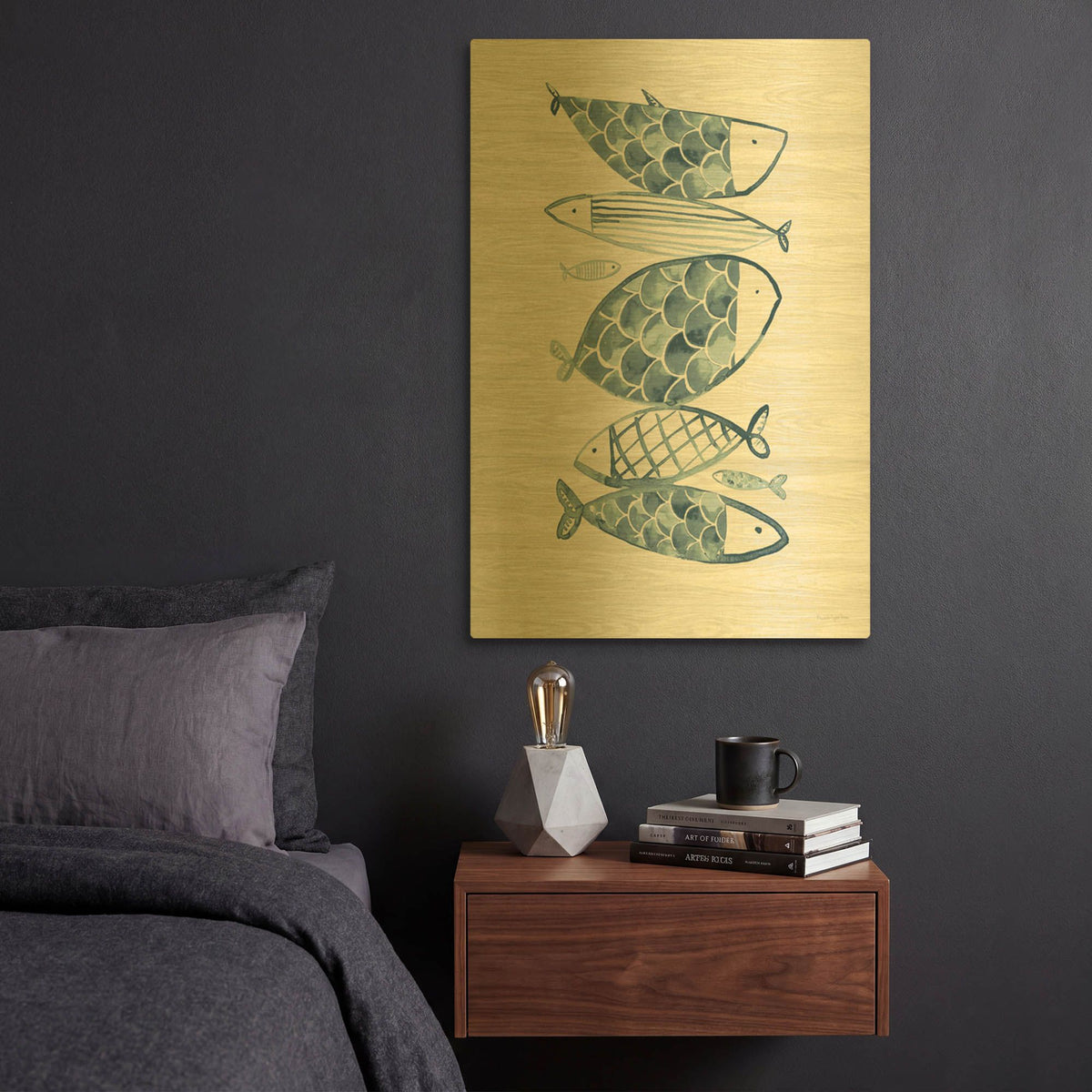 'Driftwood Blue Fish 1' By Mercedes Lopez Charro Gold Metal Wall Art
