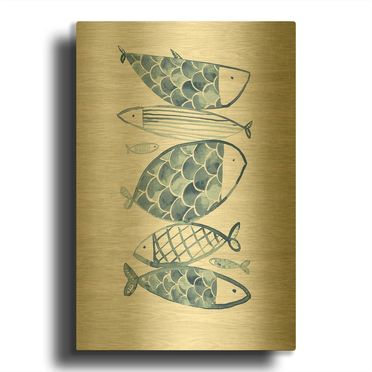 'Driftwood Blue Fish 1' By Mercedes Lopez Charro Gold Metal Wall Art
