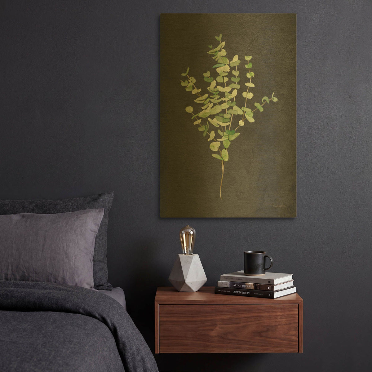 'Gentle Eucalyptus on Black' By Mercedes Lopez Charro Gold Metal Wall Art