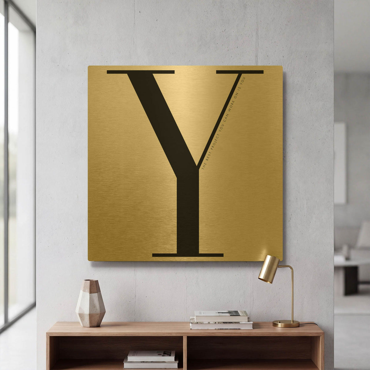 'Y is for You on White' By Mercedes Lopez Charro Gold Metal Wall Art