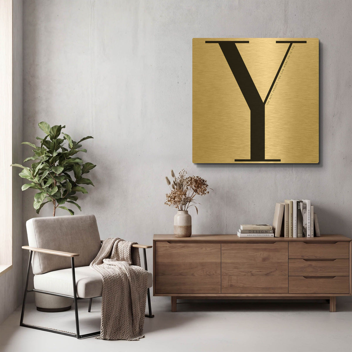 'Y is for You on White' By Mercedes Lopez Charro Gold Metal Wall Art