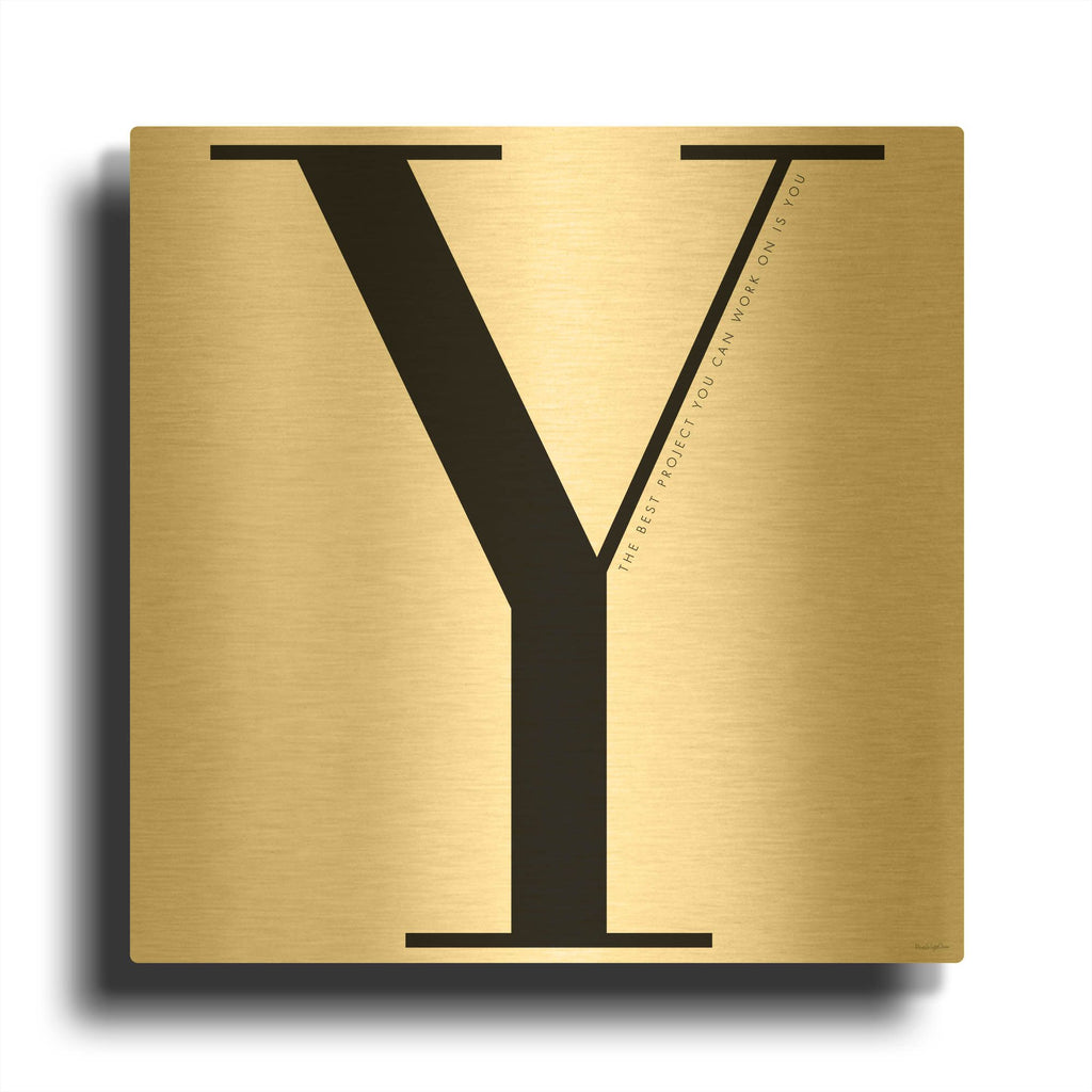 'Y is for You on White' By Mercedes Lopez Charro Gold Metal Wall Art