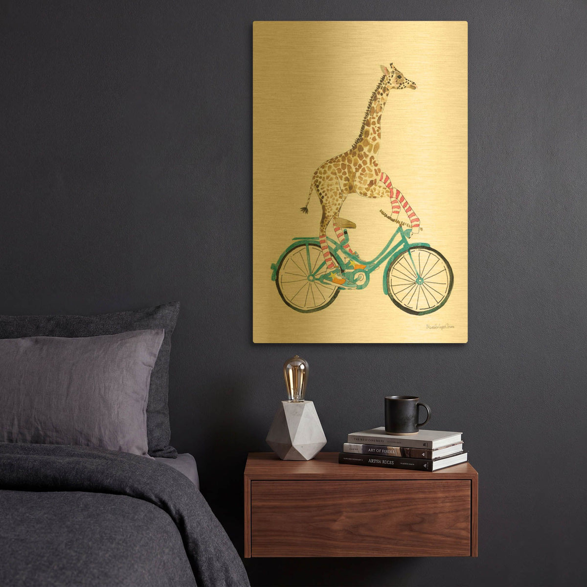 'Giraffe Joy Ride 1 No Balloons' By Mercedes Lopez Charro Gold Metal Wall Art