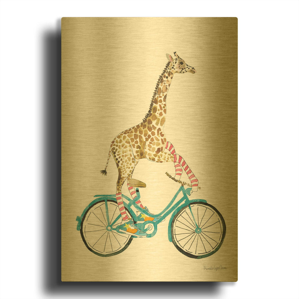 'Giraffe Joy Ride 1 No Balloons' By Mercedes Lopez Charro Gold Metal Wall Art