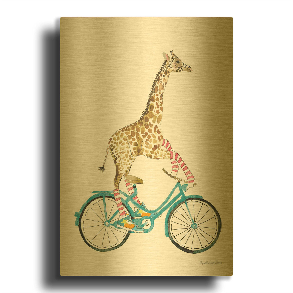 'Giraffe Joy Ride 1 No Balloons' By Mercedes Lopez Charro Gold Metal Wall Art