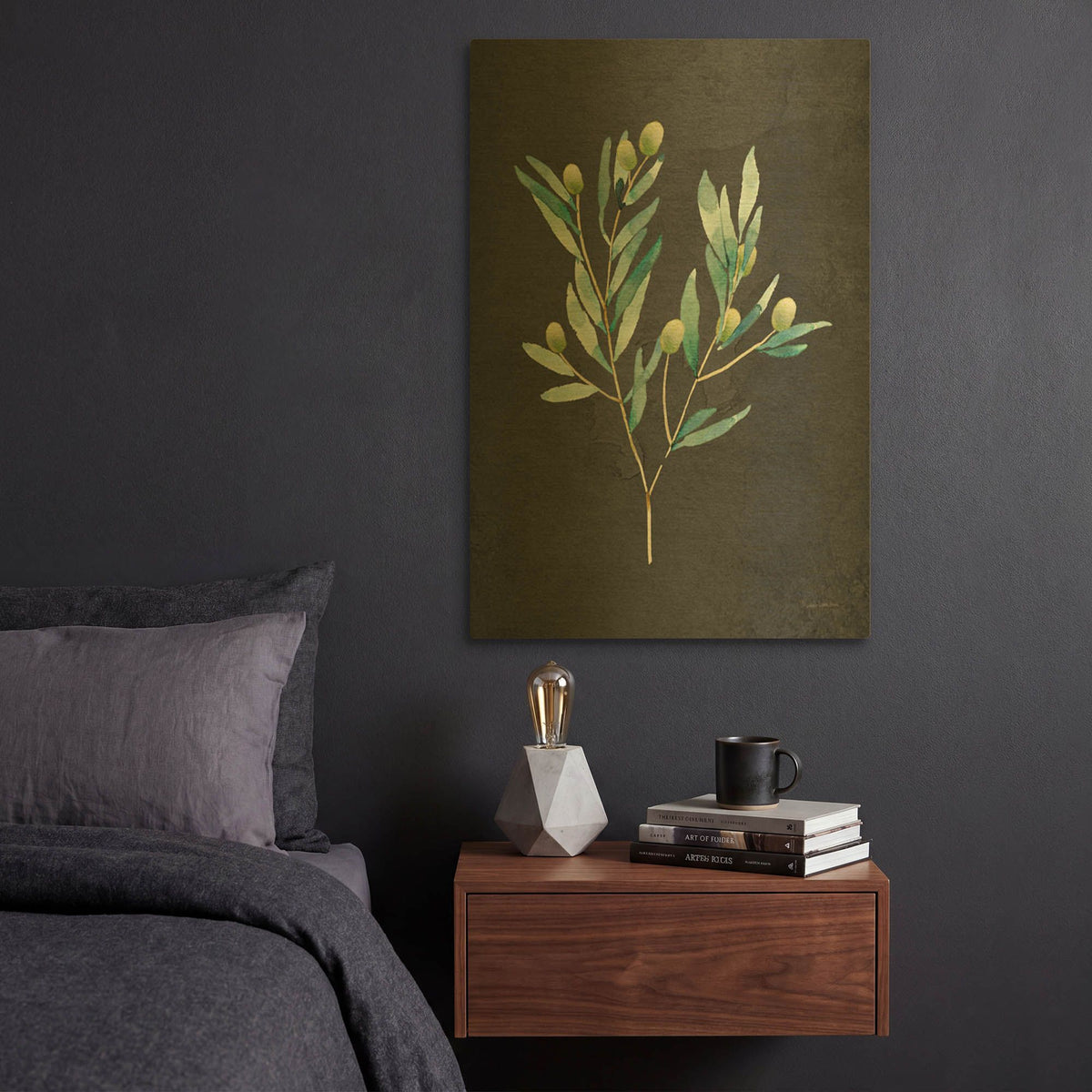 'Gentle Olive Branch on Black' By Mercedes Lopez Charro Gold Metal Wall Art