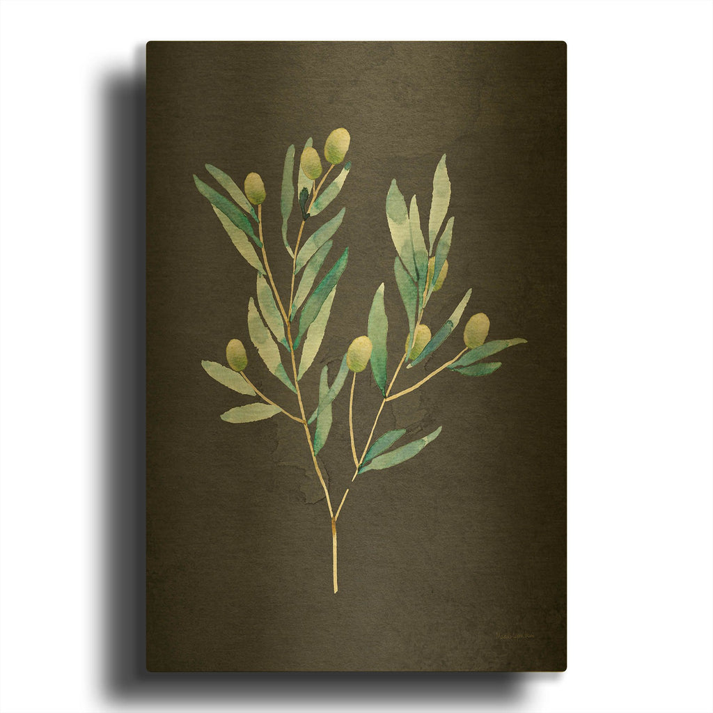 'Gentle Olive Branch on Black' By Mercedes Lopez Charro Gold Metal Wall Art
