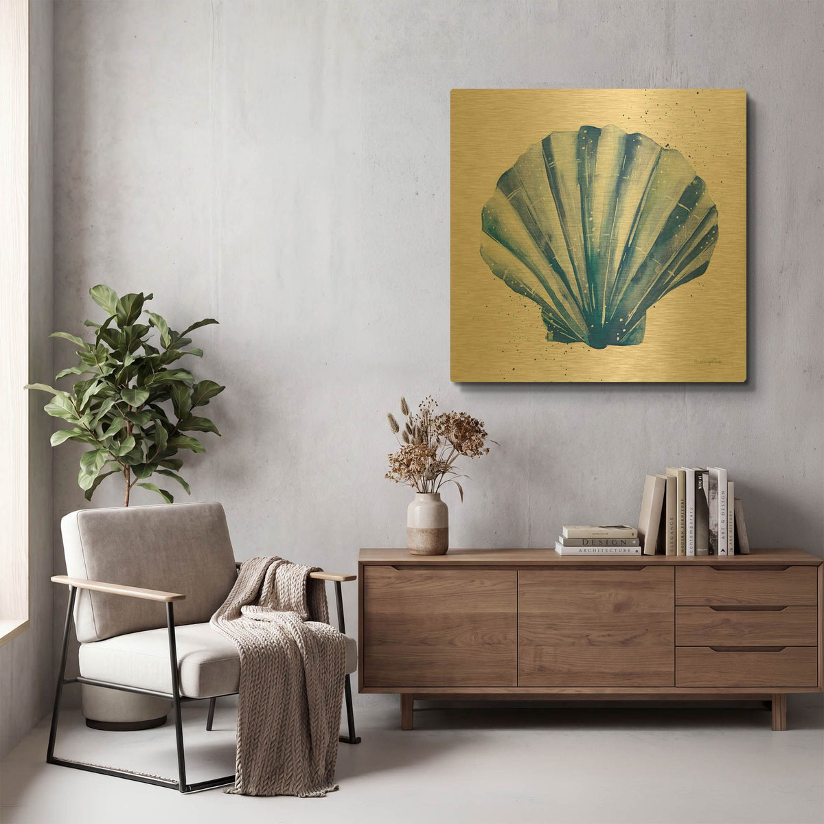 'Scallop Shell Sq' By Mercedes Lopez Charro Gold Metal Wall Art