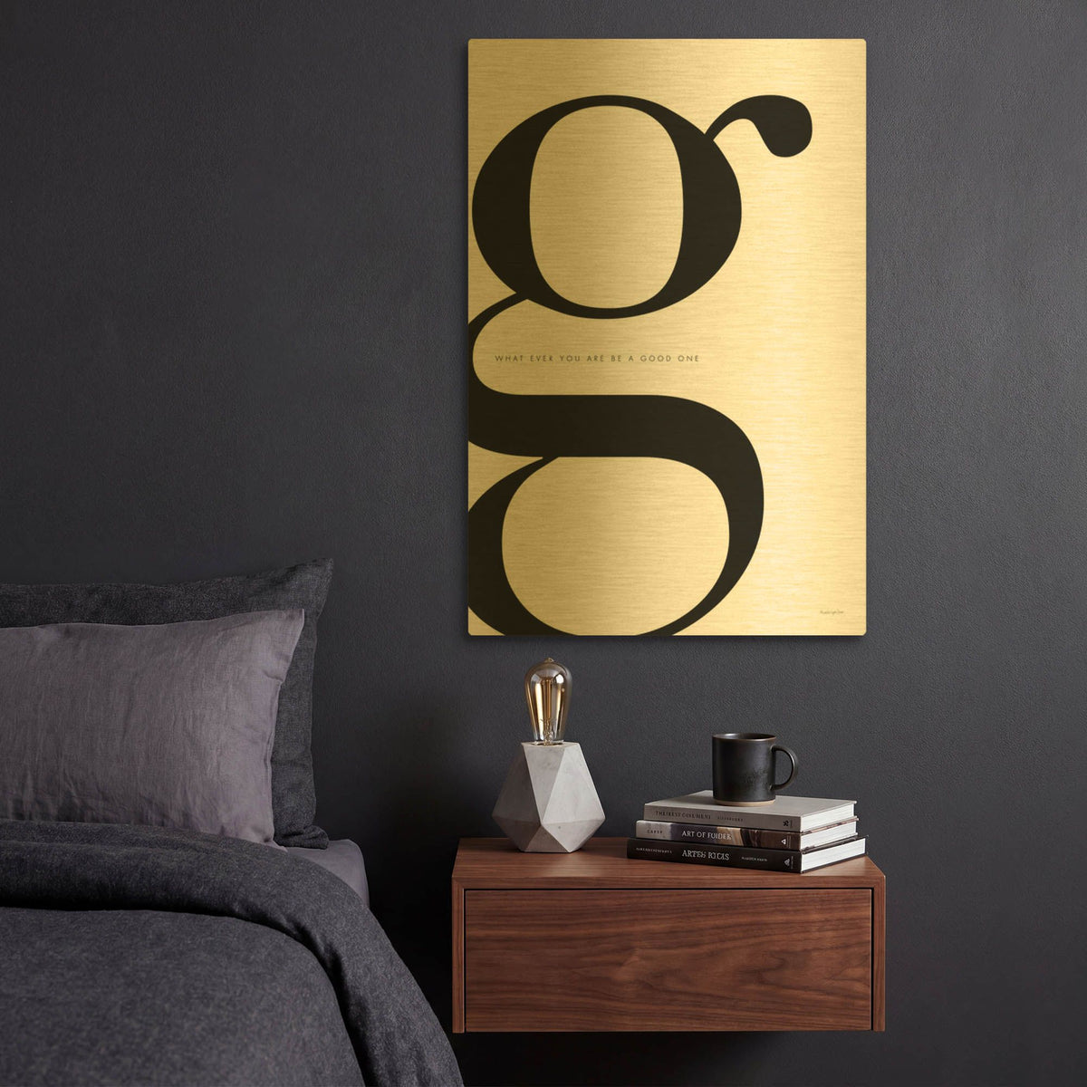 'G is for Good on White' By Mercedes Lopez Charro Gold Metal Wall Art