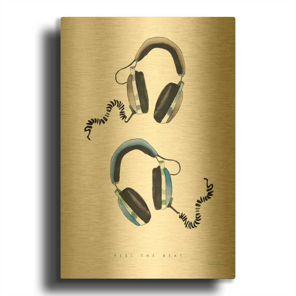 'Headphones Love Blue Gray' By Mercedes Lopez Charro Gold Metal Wall Art