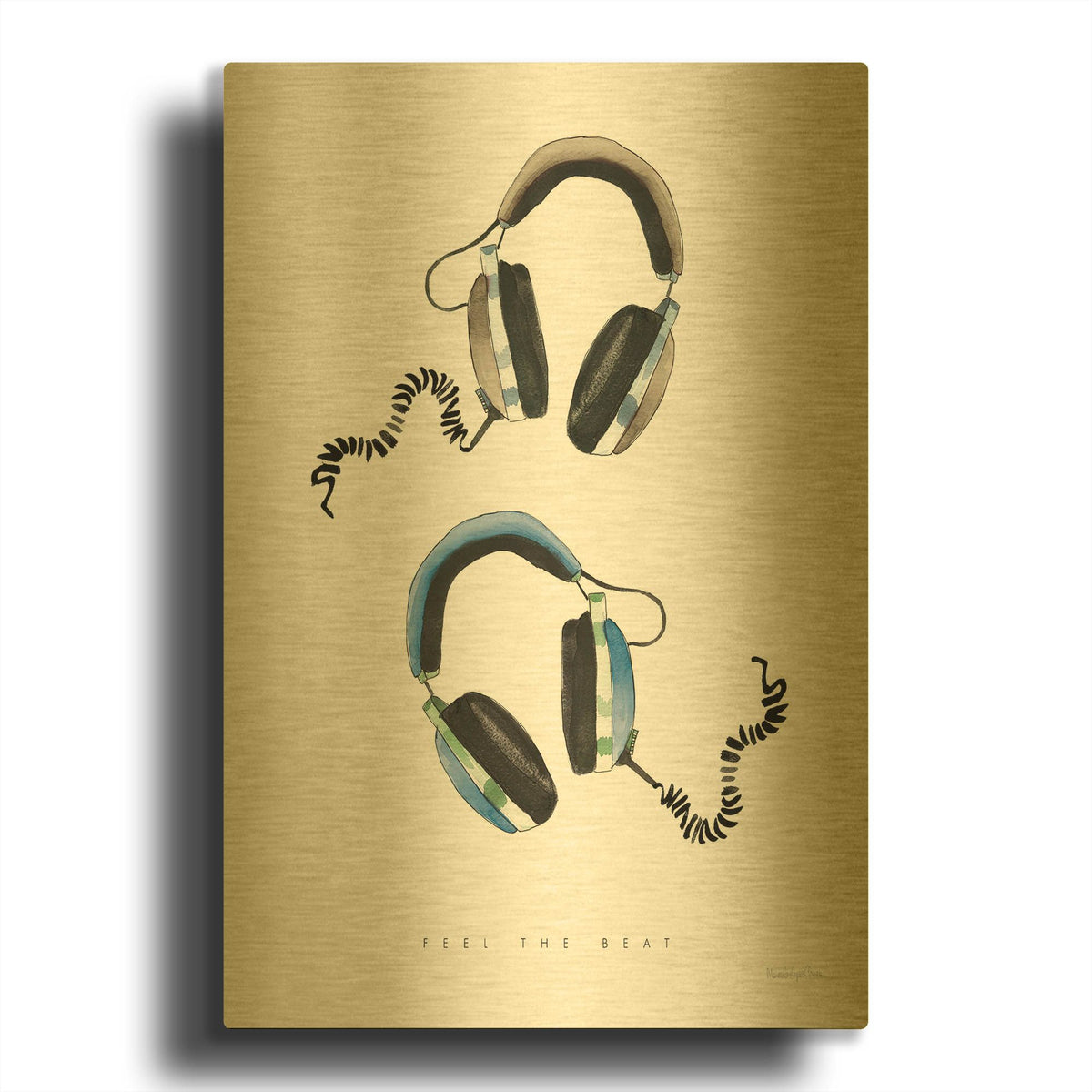 'Headphones Love Blue Gray' By Mercedes Lopez Charro Gold Metal Wall Art