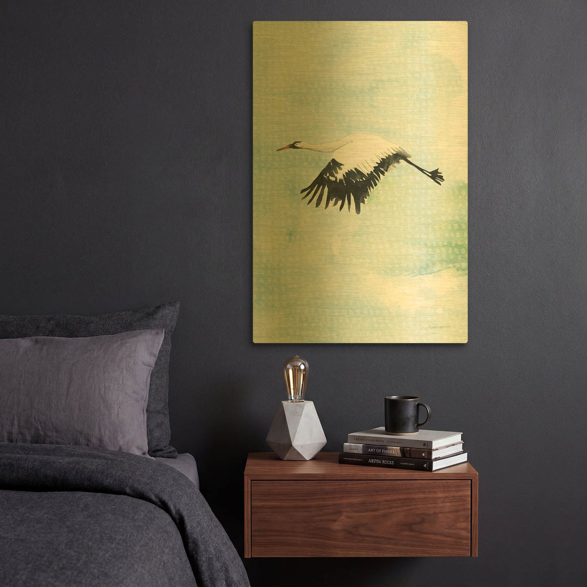 'Crane in Flight 2' By Mercedes Lopez Charro Gold Metal Wall Art
