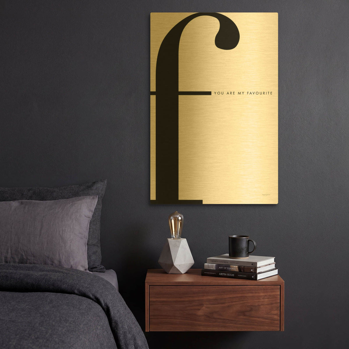 'F is for favorite on White' By Mercedes Lopez Charro Gold Metal Wall Art