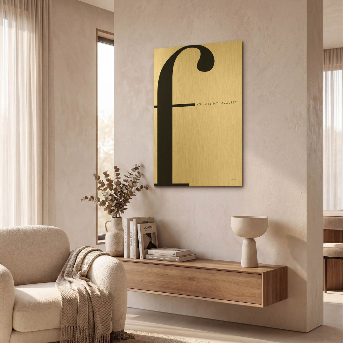 'F is for favorite on White' By Mercedes Lopez Charro Gold Metal Wall Art